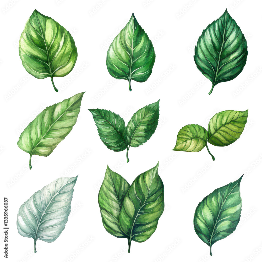 Obraz premium Watercolor Green Leaf Collection Botanical Illustration Nature Design, isolated on transparent background