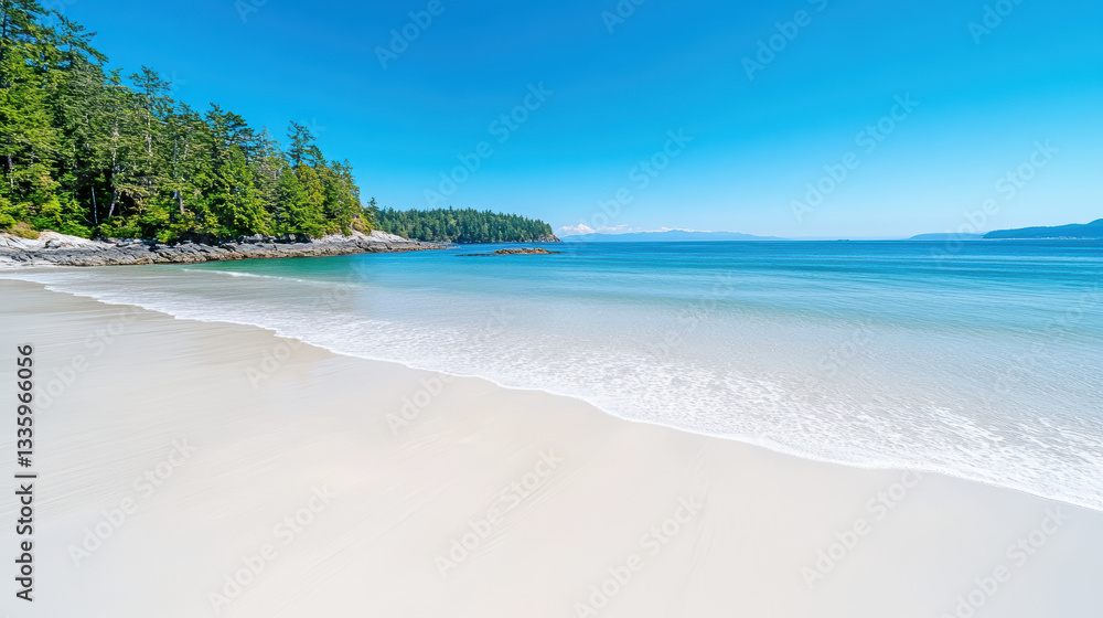 Obraz premium tranquil beach with clear sky, gentle waves, and lush greenery