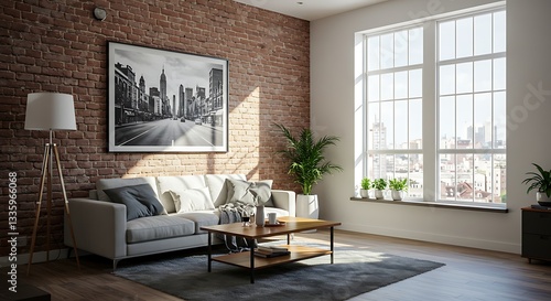 Inviting urban loft interior with exposed brick wall and city view