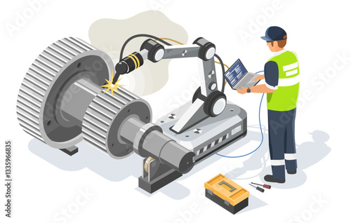Isometric Isolated Illustration of an Industrial Robotic Arm Performing Automated Welding on a Large Gear Shaft Under Engineer Supervision