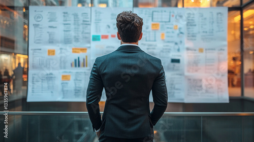 Portrait of successful young serious man businessman, lawyer, founder and professional standing in office on background of glass board with notes in suit. Cross your arms over your chest and look