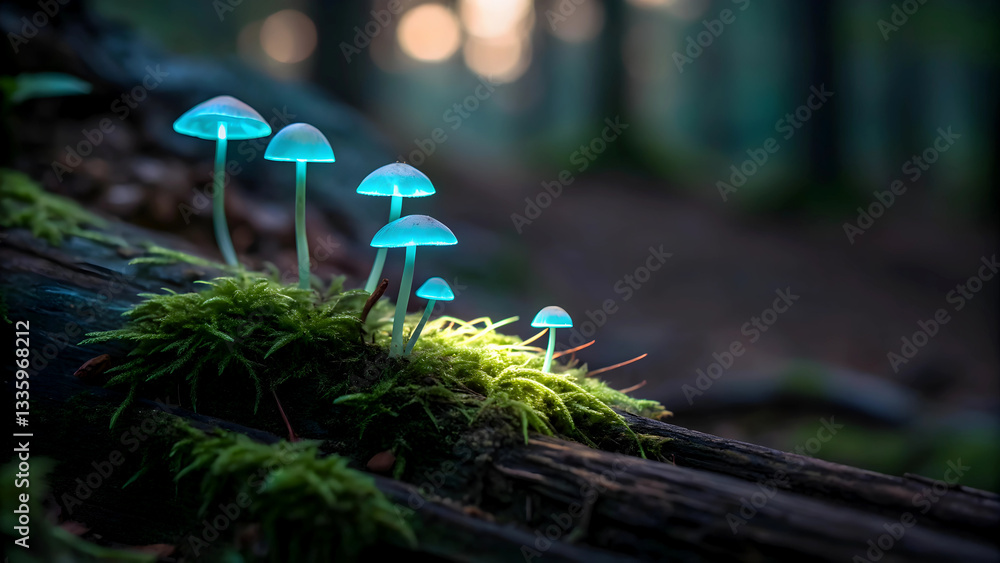 Fototapeta premium Enchanting Bioluminescent Mushrooms Glowing Mysteriously In A Dark, Mossy Forest, Illuminating A Hidden Magical World With Soft, Ethereal Light