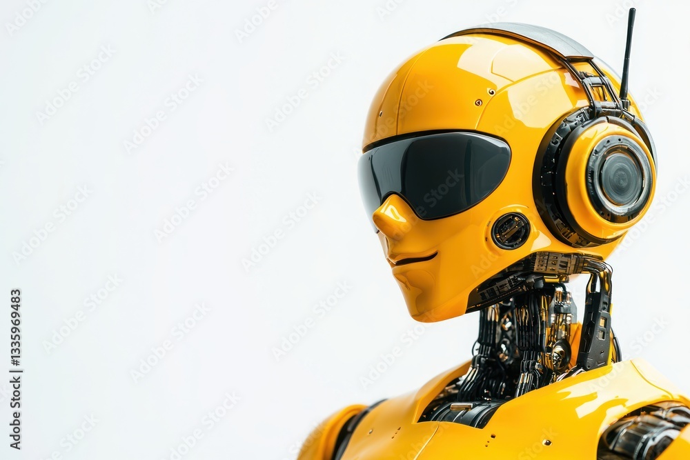 Sleek futuristic yellow robot headshot on bright plain background showcasing technological innovation artificial intelligence robotic engineering Sleek futuristic yellow robot headshot on bright plain background showcasing technological innovation artificial intelligence robotic engineering