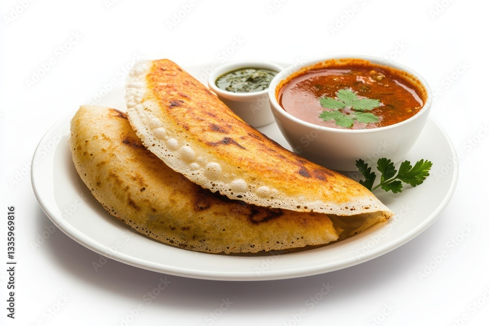 Crispy golden dosa with savory sambar chutney a delightful indian meal on plate studio shot authentic kitchen Crispy golden dosa with savory sambar chutney a delightful indian meal on plate studio shot authentic kitchen