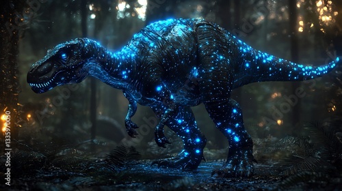 Fototapeta Naklejka Na Ścianę i Meble -  Cinematic sci fi version of dinosaurs with bioluminescent skin glowing blue lights