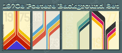 1970s Posters Background Set, Vector Templates for 70s Retro Party, Event, Vintage Colors and Shapes