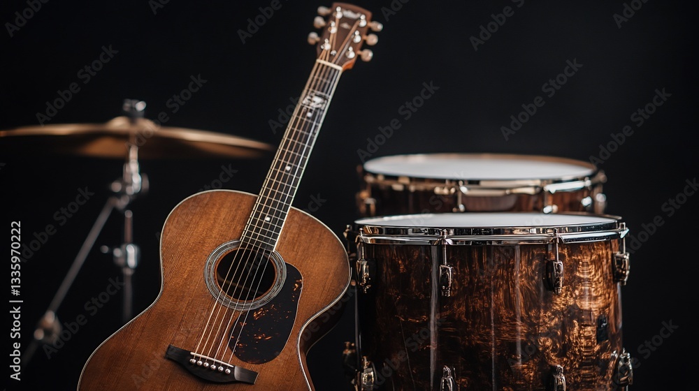 Fototapeta premium Harmony of wood and metal: acoustic guitar and drum set in dark setting
