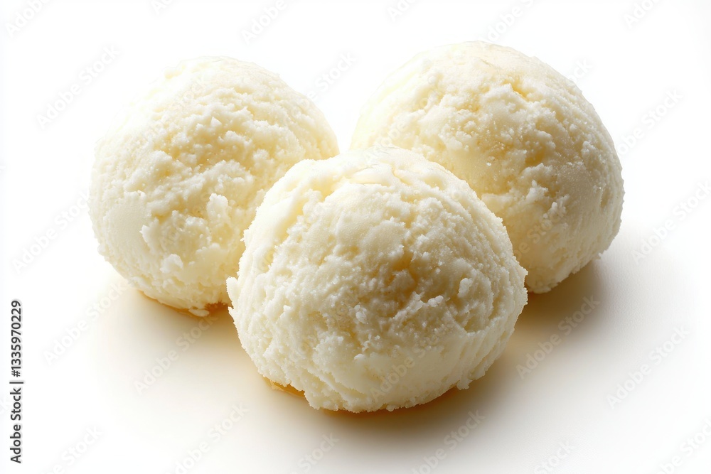 Captivating close up of three vanilla ice cream scoops on a bright white surface in studio setting Captivating close up of three vanilla ice cream scoops on a bright white surface in studio setting