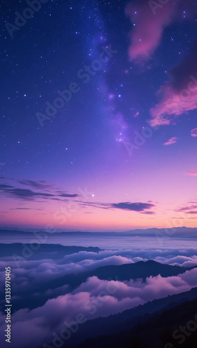 Purple gradient moonlight sky with clouds and stars for phone background wallpaper