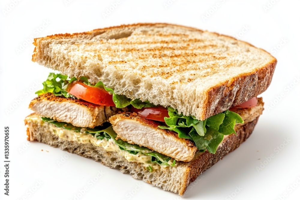 Delicious Chicken Sandwich with Fresh Lettuce and Tomato on Grilled Bread in a Culinary Scene Delicious Chicken Sandwich with Fresh Lettuce and Tomato on Grilled Bread in a Culinary Scene