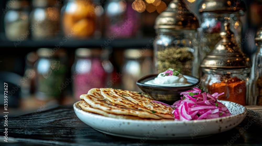 Flatbread Dish with Yogurt and Pickled Onion Featuring Spice Jars in a Warm Moody Restaurant Flatbread Dish with Yogurt and Pickled Onion Featuring Spice Jars in a Warm Moody Restaurant