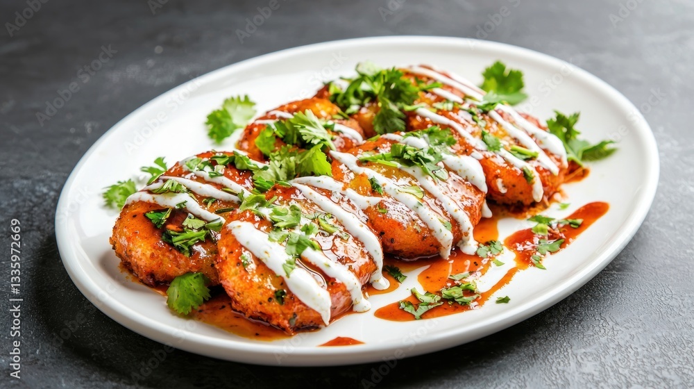 Appetizing potato tikkis on a white plate with cilantro and sauce Indian cuisine restaurant style concept food photography Appetizing potato tikkis on a white plate with cilantro and sauce Indian cuisine restaurant style concept food photography