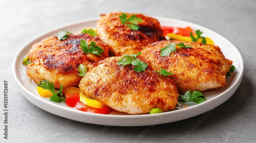 Delicious pan fried chicken thighs garnished with parsley and bell peppers on a white plate Delicious pan fried chicken thighs garnished with parsley and bell peppers on a white plate