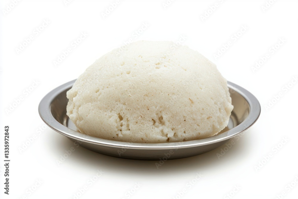 Steaming Idli Served on Round Silver Plate on Pristine White Table Overhead Still Life Presentation Steaming Idli Served on Round Silver Plate on Pristine White Table Overhead Still Life Presentation