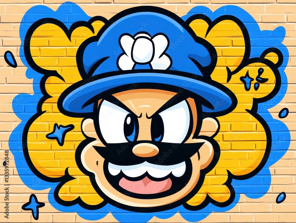 Colorful graffiti mural featuring a cartoonish character with a blue cap and mustache Colorful graffiti mural featuring a cartoonish character with a blue cap and mustache
