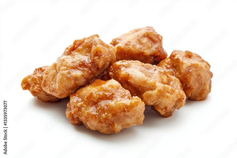 Delicious fried chicken nuggets coated in a sweet glaze against a clean white background enhancing its visual appeal making it appetising Delicious fried chicken nuggets coated in a sweet glaze against a clean white background enhancing its visual appeal making it appetising
