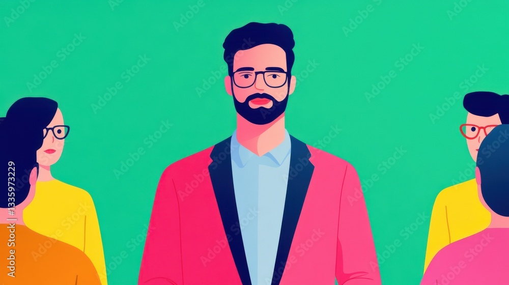 A confident leader standing in front of a group, inspiring the team with visionary ideas A confident leader standing in front of a group, inspiring the team with visionary ideas
