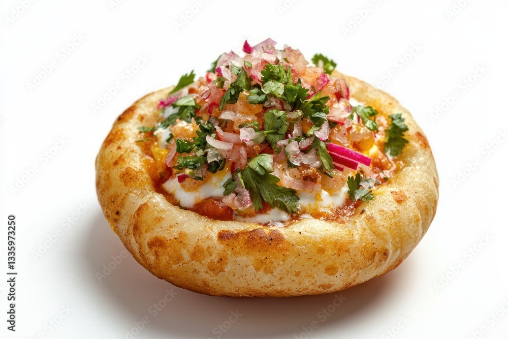 Delicious gourmet pizza flatbread with fresh parsley onions and vibrant red radish on a white table Delicious gourmet pizza flatbread with fresh parsley onions and vibrant red radish on a white table
