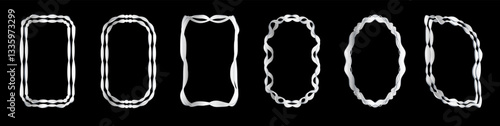 Set of exquisite silver frames with wavy lines and patterns. Fashionable vintage ornate frames for wedding invitations, greeting cards, prints.