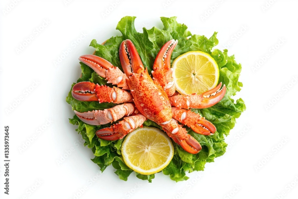 Delicate crab presentation on fresh green lettuce with vibrant lemon slices creating appetizing seafood culinary scene Delicate crab presentation on fresh green lettuce with vibrant lemon slices creating appetizing seafood culinary scene