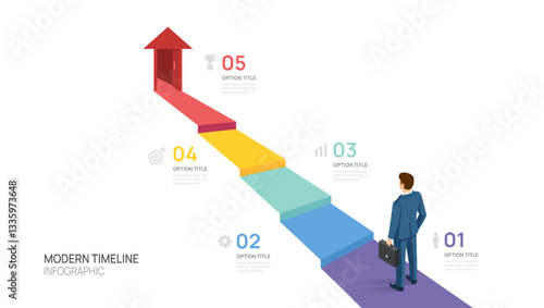 Business success infographic with arrow isometric 5 steps, career growth, and achievement concept, vector.