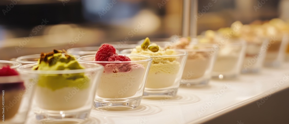 Elegant artisanal ice cream display in pistachio, raspberry, and salted caramel flavors Elegant artisanal ice cream display in pistachio, raspberry, and salted caramel flavors