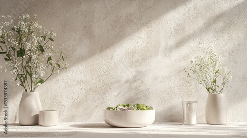Minimalist Still Life: A modern minimalist composition featuring delicate white flowers in elegant vases, complemented by a textured backdrop and soft natural light.