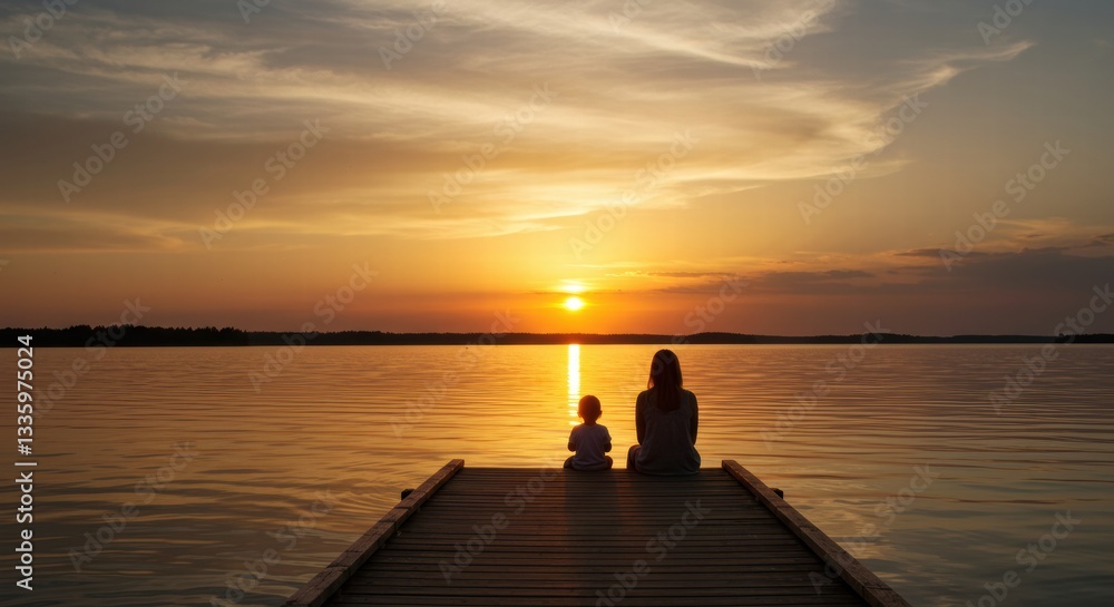 Fototapeta premium Silhouette of a mother and her child enjoying the sunset on the edge of a lake