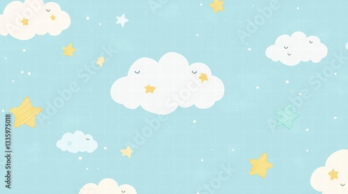 Dreamy Sky: A whimsical illustration of a serene sky filled with fluffy clouds and twinkling stars in a soft pastel palette, creating a sense of peace.
