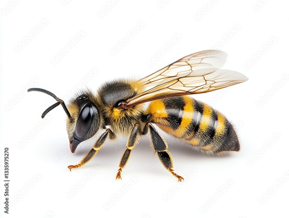 Detailed close-up of a bee showcasing its intricate features and vibrant colors Detailed close-up of a bee showcasing its intricate features and vibrant colors