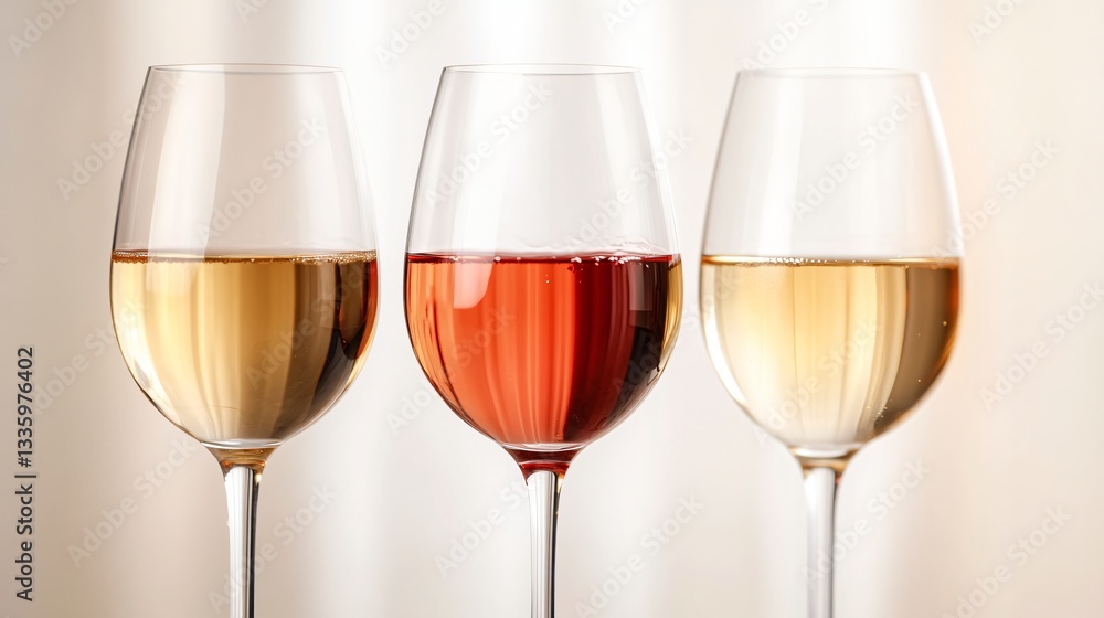 Colorful wine glasses arranged in a row, showcasing white, rosé, and red wines, elegant setting perfect for dining. Colorful wine glasses arranged in a row, showcasing white, rosé, and red wines, elegant setting perfect for dining.