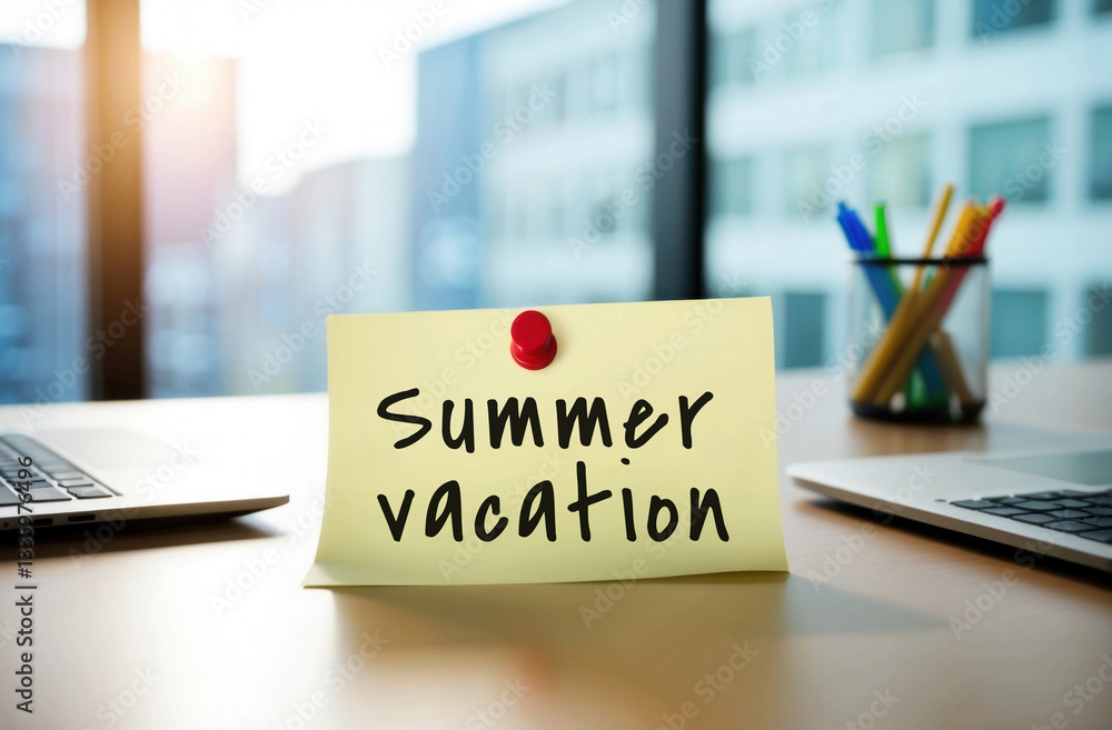 Summer Vacation text words phrase on a sticker on the office desk Summer Vacation text words phrase on a sticker on the office desk
