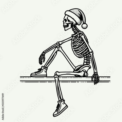 Close up shot Skeleton wear Santa hat one foot on a ledge looking out a minimalist vector graphic winter scene