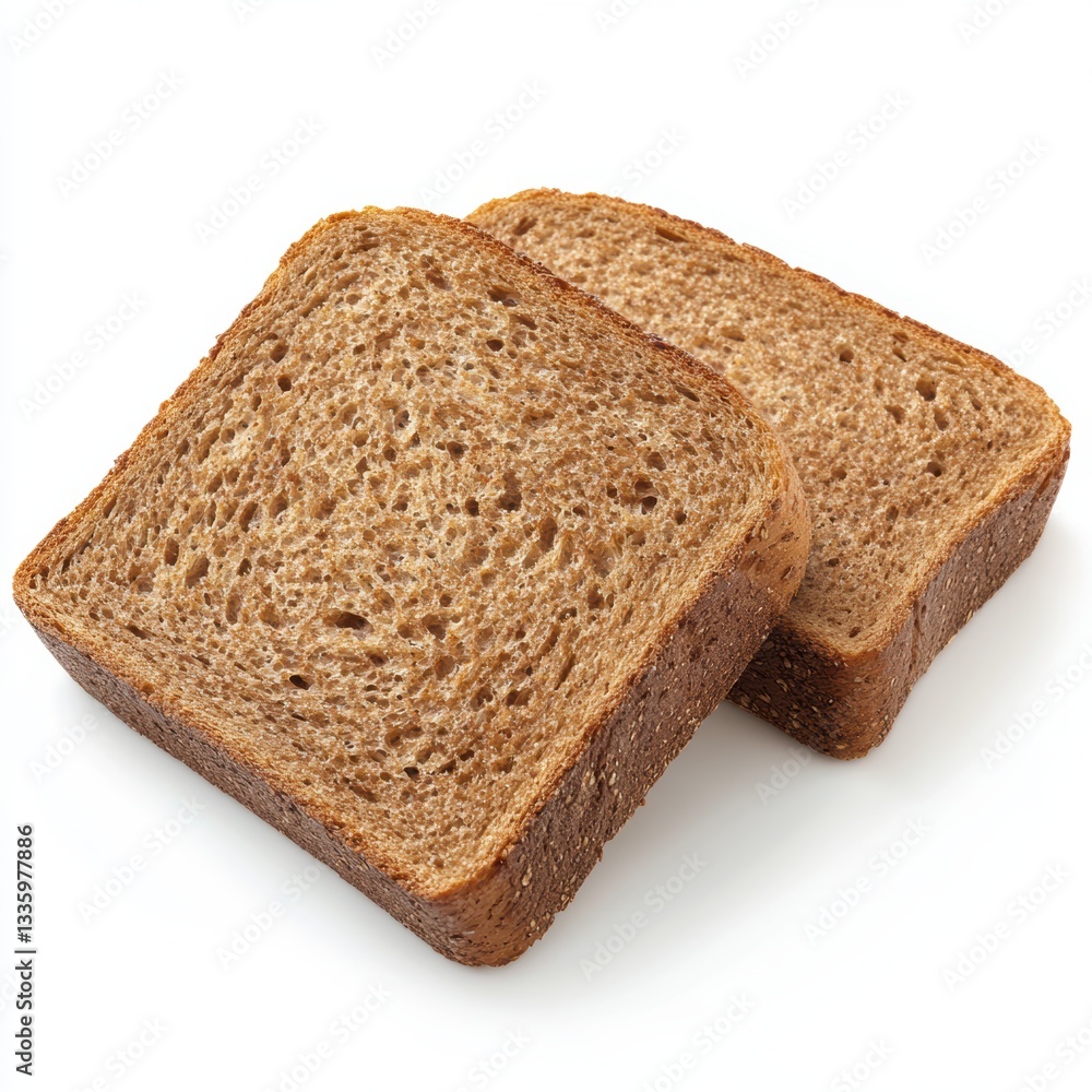 two slices of whole grain bread with a golden brown crust placed on a clean white background showing texture and details of fresh healthy baked food product two slices of whole grain bread with a golden brown crust placed on a clean white background showing texture and details of fresh healthy baked food product
