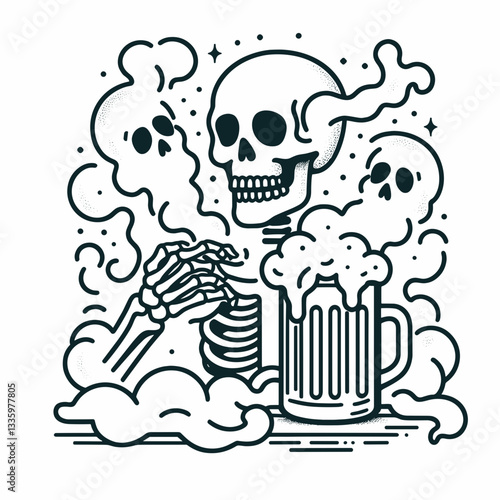 Skeleton with a beer mug surrounded by ghostly fog flat design illustration vector graphic of a spectral pub-goer enjoying a spooky brew.