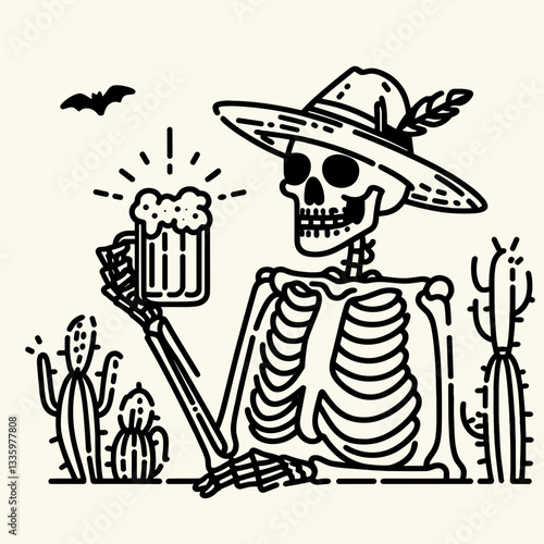 Skeleton with a beer mug in a Halloween themed setting flat design vector illustration a spooky minimalist silhouette