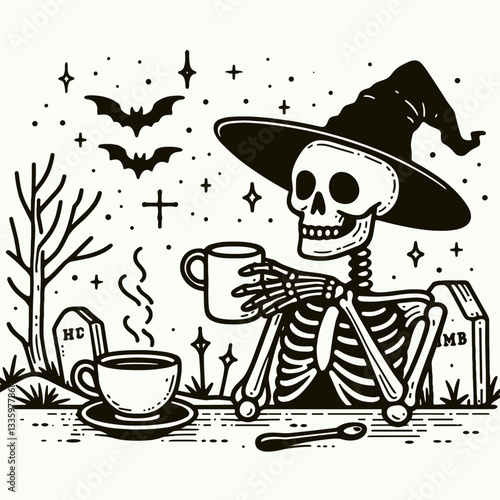 Skeleton wearing witch hat near a coffee cup in a creepy graveyard create a simple monochrome vector illustration