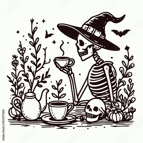 Skeleton wearing witch hat with a teacup in a spooky garden scene clean clear flat design vector illustration shows a whimsical Halloween scene