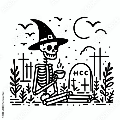 Skeleton wearing witch hat with a coffee cup near a creepy graveyard a simple flat design vector illustration depicts spooky autumn vibes