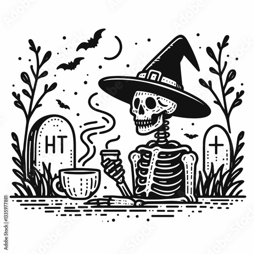 Skeleton wearing witch hat coffee cup near creepy graveyard flat design simple vector illustration depicting spooky autumn vibes