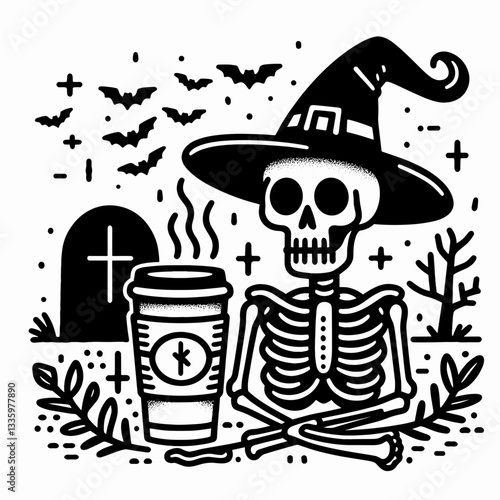 Skeleton wearing witch hat a coffee cup sits near a creepy graveyard create a simple minimalist vector illustration