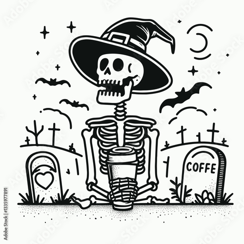 Skeleton wearing witch hat near a coffee cup in a creepy graveyard a minimalist vector illustration depicts spooky autumn vibes