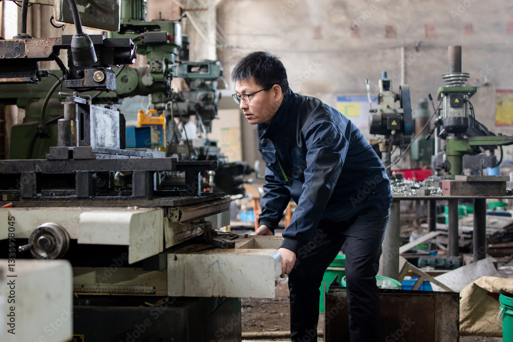 Asian blue collar workers operate lathes in a metal processing factory Asian blue collar workers operate lathes in a metal processing factory