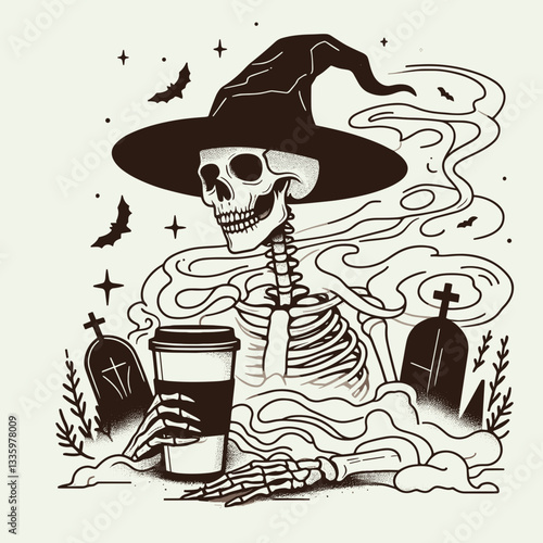 Skeleton wearing witch hat with coffee cup in misty graveyard flat design illustration vector graphic simple monochrome silhouette