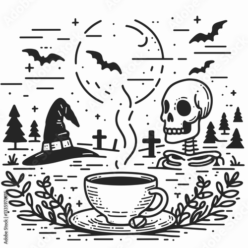Skeleton wearing a witch hat with a coffee cup in a misty graveyard—create a simple vector outline illustration