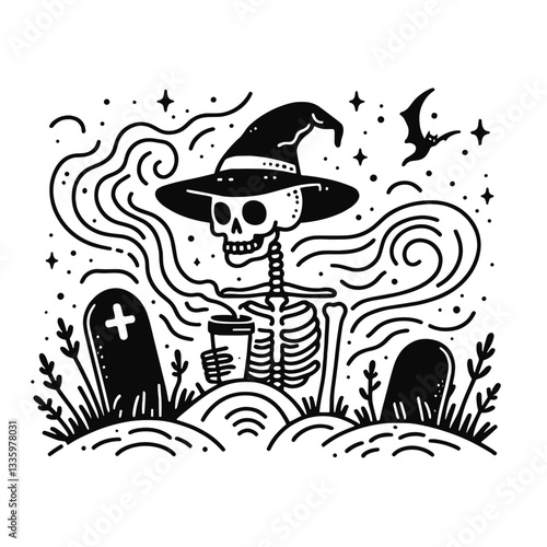 Skeleton wearing witch hat with coffee cup in misty graveyard—create a simple vector outline illustration