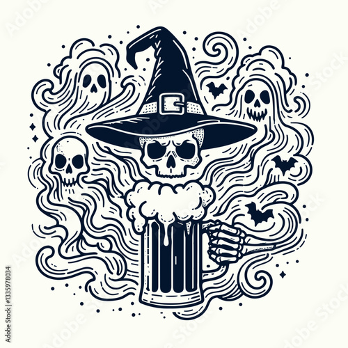 Skeleton wearing a witch hat with a beer mug surrounded by ghostly fog a clean and clear flat design vector illustration shows a spooky brew.