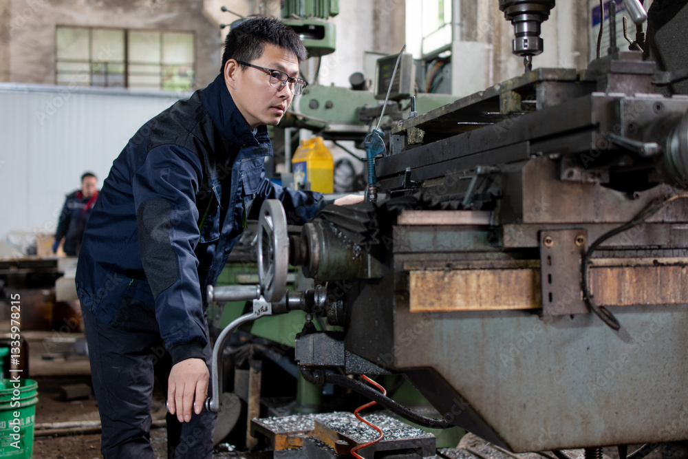 Asian blue collar workers operate lathes in a metal processing factory Asian blue collar workers operate lathes in a metal processing factory