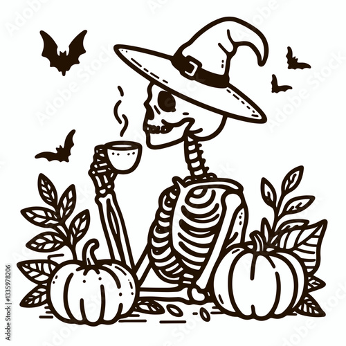 Skeleton wearing a witch hat sips tea amidst autumn leaves and pumpkins a simple minimalist vector illustration