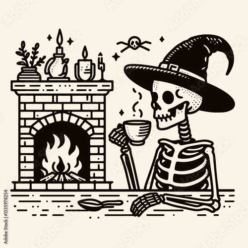 Skeleton wearing a witch hat sips tea by a spooky fireplace a simple monochrome vector illustration depicting Halloween charm